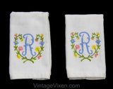 1950s Bathroom Hand Towels - Letter R Monogram Powder Room Novelty Linens - 50s 60s Cotton Bath Pair by Springmaid - White Pink Blue Yellow
