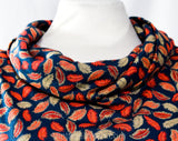 Size 6 Feather Print Dress - 1970s Soft Jersey Knit - Denim Blue Khaki & Coral Orange - 70s Spring Fall - Blouson Bodice with Cowl Neckline