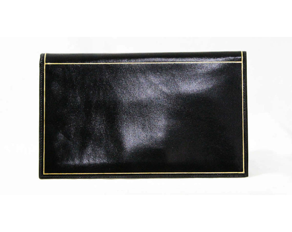 1940s Fine Black Wallet - Exquisite Italian Leather with Gold Pinstripe Border - Made in Italy - 40s 50s Deadstock - Beautiful Gift Idea