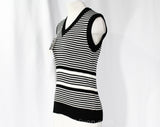 Size 6 Sweater Vest - 1970s Sleeveless V Neck Pullover - Black & White Striped Knit Top - Cute Fall Autumn 70s NWT Deadstock - Bust 34