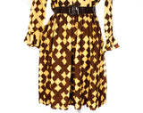 Size 10 1960s Ruffled Dress - Coffee Brown Crinkle Crepe Fit & Flare 60s Frock with Belt - Go-Go Style Ruffle Collar and Cuffs - Waist 29