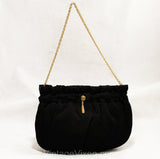 1950s Black Satin Purse - Elegant Evening Bag with Metal Tassels - 50s Formal Handbag with Glam Jewelry Inspired Chain Strap - Hinged Top