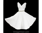 XXS 1950s Sun Dress - Rare White Quilted Summer Top & Full 50s Circle Skirt - Size 0 Rockabilly Pin Up Girl - Rhinestone Studded - Waist 23