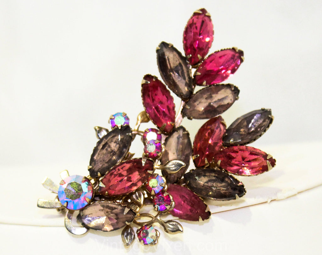 1950s Pink & Purple Rhinestone Brooch - Elegant Leafy Spray Pastel Colors - Faceted Leaves Bouquet Pin - Beautiful 50s Aurora Borealis Glam