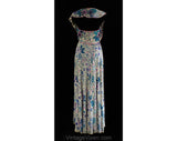 Size 6 1930s Evening Dress - Gorgeous 30s 40s Gray, Teal & Pink Floral Formal Gown with Beaded Swag Neckline - Bolero Style Strapless Silk