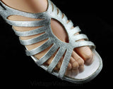 Size 6 Silver Sandals - Glam 1960s Metallic Shoes - 60s Open Toed Pumps with Mod Ribcage Design - Evening Formal Deadstock - 6M - 48052-1