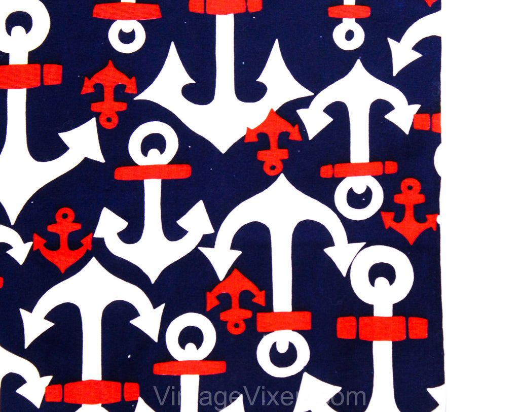 1960s Nautical Novelty Print Cotton Canvas Fabric - Over 2 Yards x 44 Inches - Red White & Navy Blue Anchors - 60s Summer Beach Party