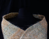 Beige & Blue Mohair Shawl - Hand Woven Woolly Boucle Yarn Wrap - Large Rectangular Shape - Couch Blanket Throw - Fuzzy Lofty Yarn Fringe