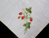 Strawberry Tablecloth & Place Mats Set of 4 - Natural Linen with Red Berries Sage Green Leaves Cross Stitch Style Embroidery - 1960s Summer