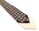 1970s Gucci Designer Tie - Brown Buckle Bit Novelty Print Men's 70s Necktie - Chocolate & Beige Silk Foulard with Signature Engineered Print