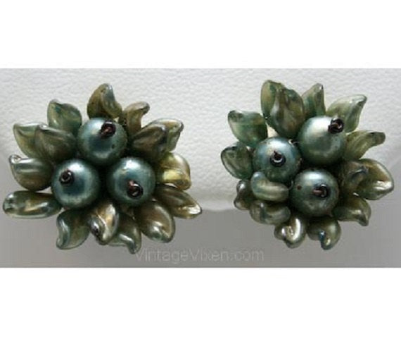 Dusky-Hued 1950s Blueberry Earrings - Dark Winter Blue Plastic 50s Cluster Style Button Earrings - Clip On - Sweet Novelty Fruit - 32942-1
