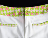 Size 4 White Pants - 1970s Small Preppy Trousers with Pink & Green Argyle Plaid Trim - Spring Summer 70s Polyester Wide Leg - Waist 25.5