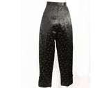 Size 12 Black Silk Satin 1950s Pant - Asian Tailored Ladies Evening Tailored Trouser - 50s Fine Roses Brocade with Frog Closures - Waist 30