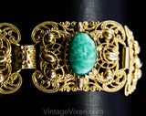 1950s Baroque Style Bracelet - Ornate Victorian Inspired Gold Hue Filigree - Marbled Green Oval Cabochons - 50s 60s Antique Look Panels