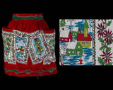 50s Christmas Apron - Small 1950s Holiday Novelty Print - Xmas Cards - Half Apron with Pockets - Festive Winter Red & Green - Waist to 26