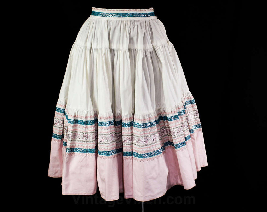 XL 1950s Patio Skirt - 50s Rockabilly Fiesta Chic - Fresh White Cotton, Pink, Teal Blue - Silver Rick Rack - Squaw Full Skirt - Waist 33.5