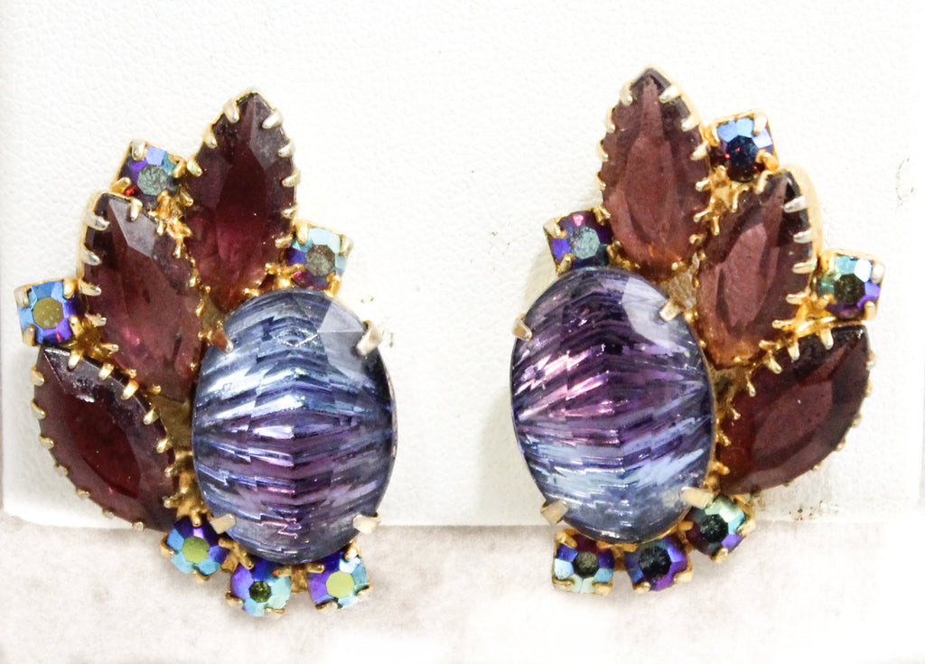 Gorgeous Juliana Style Earrings - 1950s 60s Indigo Blue & Purple Rhinestones with Amber Brown Accents - Aurora Borealis AB - Lavish Hues