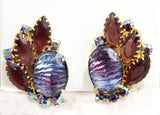 Gorgeous Juliana Style Earrings - 1950s 60s Indigo Blue & Purple Rhinestones with Amber Brown Accents - Aurora Borealis AB - Lavish Hues