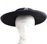 1950s Navy Wide Brim Hat - Chic Dark Blue Faux Straw with Tulle & Goldtone Leaves - Spring Summer Millinery 50s Cartwheel Picture Hat