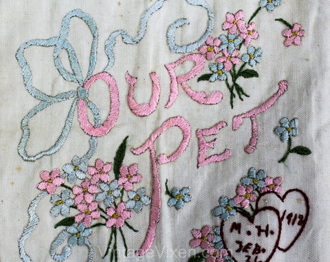 Antique Baby Bib - Dated 1912 Art Nouveau Pink & Blue Embroidery - 1910s Infants Fancy Titanic Era - Novelty Ribbon Sweethearts and Flowers