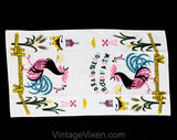 1950s Rooster Dish Towel - 50s Chicken Novelty Print Farm Scene Kitchen Linens - Terrific Pink Blue Green Screen Print - Cow Fence Bird Barn