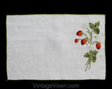 Strawberry Tablecloth & Place Mats Set of 4 - Natural Linen with Red Berries Sage Green Leaves Cross Stitch Style Embroidery - 1960s Summer