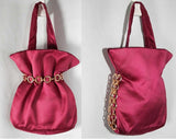 Beautiful 1940s Merlot Satin Evening Purse Handbag with Chain Strap - Bags by Josef - Brass & Wine Purple 40s Hollywood Style - 39443-1