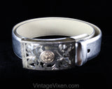 1950s Sterling Belt Buckle with Aztec Calendar & Silver Leather Belt - Size Large 14 to 18 - Western 50s Boho Rodeo - Guadalajara Mexico