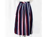 Size 8 1950s Folk Style Full Skirt - Artisan Style Pleated Cotton - Navy Blue Burgundy Pink & White Stripes - 50s Nelly de Grab - Waist 26.5