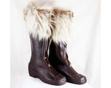 Size 7 Waterproof Boot with Faux Fur Cuffs - Dark Brown 60s Boots - Zip Front Water Proof Rubber - Fleece Lined - 1960s 70s Deadstock