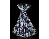 Size 14 1950s Style Dress - Large Purple Turquoise Floral Cotton Summer Frock with Wrap Bodice - Sleeveless Full Skirted 50s Look - Waist 32