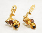 1950s Brown Rhinestone Earrings - Fall Art Glass 50s Clips by Kramer - Foiled Gold - Faux Pearls & Root Beer - Beautiful Burst Style - 50438
