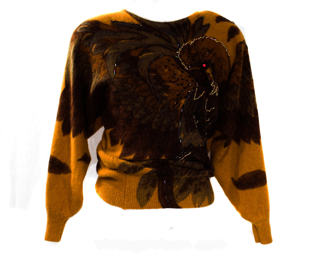 Medium Tropical Bird Sweater - Amazing 1980s Art To Wear Pullover - Caramel Brown Super Soft Angora Knit - Oversize Autumn Top - Bust to 42