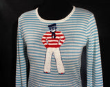 Small 1970s Sweater - Cute Striped Blue Venice Gondolier 70s Pullover by Cyn-Les - Chenille & Acrylic Knit - Kitsch 1970s Novelty - Bust 34