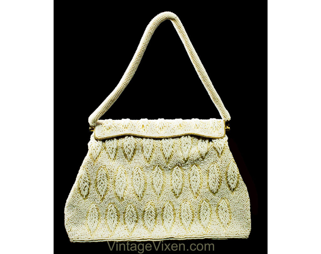 Rich 1950s Beaded Evening Bag - White & Ivory Beadwork Formal Purse with Leaf Pattern - 50s 60s Handbag with Bead Strap - Made in Hong Kong