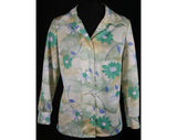 Size 12 Floral Blouse - Green & Gray Daisy Print 1970s Shirt - Large Long Sleeved Daisies 70s Casual Top - Spring Summer - Bust 39 - 31680