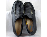 Size 7 Leather Shoes - Unworn 1960s Mod Navy Loafer Style Shoe - White Lattice Stitchery - 60s NOS Deadstock Casual Pumps - 7W Wide -47159-2