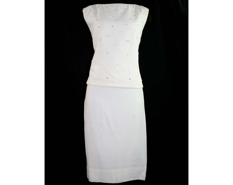 Size 10 White Dress - Glam 1950s Crepe Cocktail Dress Set with Rhinestones & Pearls - 'Lucinda' Tag - NOS 50s Deadstock - Bust 37.5 - 41165
