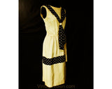 Size 8 1950s Sailor Dress - Charming Preppie Polka Dot 50s Fitted Sheath - Almond Taupe & Black Silk - Nautical Sash Neckline - Waist 26.5