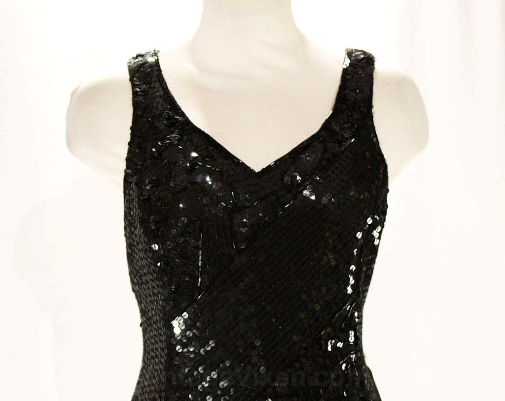 Size 8 Black Cocktail Dress - 1990s Black Beads Sequins & Silk - Bias Vintage Vixen Clothing Size 8 Black Cocktail Dress - 1990s Black Beads Sequins & Silk - Bias Vintage Vixen Clothing