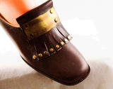 Size 7.5 Leather Loafers - Deadstock 1960s Brown Gladiator Style Shoes with Studded Fringe & Brass Panel - Mod 60s Pumps - 7 1/2 AA Narrow