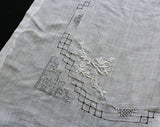 Exquisite Antique Square Tablecloth - 1900s Victorian Linens Padded Satin Stitch Flower Embroidery & Drawnwork - Beautiful Fine Sheer Cotton