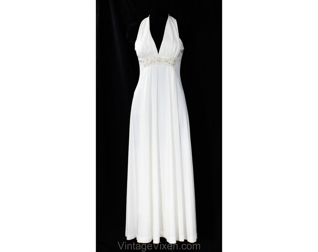 Size 8 White Evening Dress - Femme 1970s Goddess Formal Gown - White H Vintage Vixen Clothing Size 8 White Evening Dress - Femme 1970s Goddess Formal Gown - White H Vintage Vixen Clothing