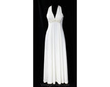 Size 8 White Evening Dress - Femme 1970s Goddess Formal Gown - White Halter Look 70s Sleeveless - Plunge V Neck & Lavish Beading - Bust 34.5