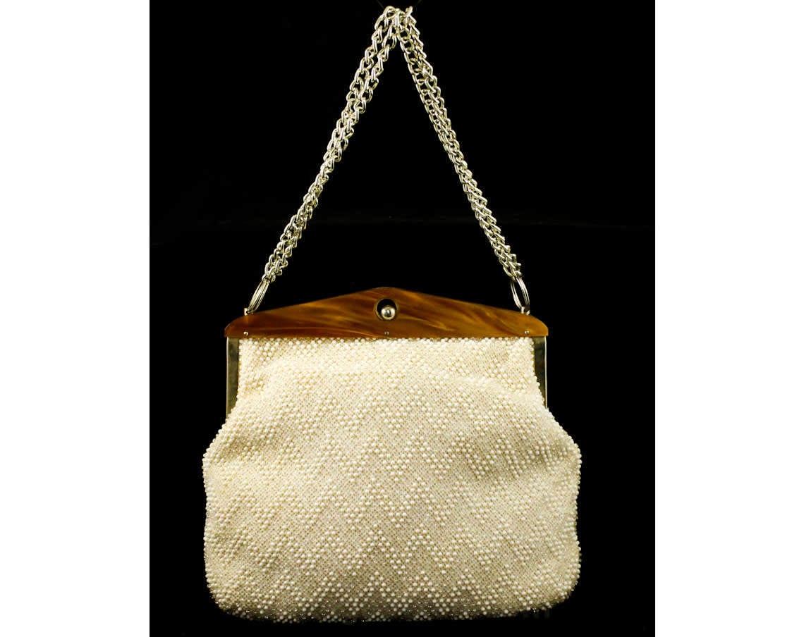 1960s White Bead-Dot Purse with Caramel Lucite Frame - 60s Candy Bead –  Vintage Vixen Clothing