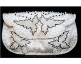 Pretty 1950s Evening Handbag - White & Black Beaded Satin Bag - Formal 50s Purse - Made in Japan - Fine Condition - Leaf Pattern - 38922