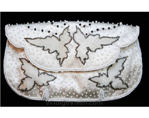 Pretty 1950s Evening Handbag - White & Black Beaded Satin Bag - Formal 50s Purse - Made in Japan - Fine Condition - Leaf Pattern - 38922