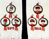 1950s Bathroom Hand Towels - Guys & Dolls Victorian Powder Room Novelty Theme - 50s 60s Kitsch Bath - Red Black - 2 Bucilla Towels - 49680