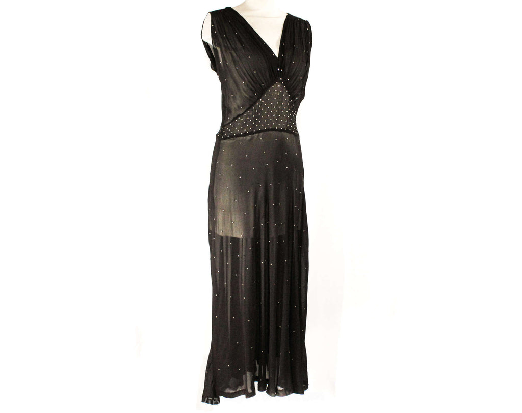 Size 12 1930s Evening Dress - Sheer Black Chiffon & Rhinestones Size 12 1930s Evening Dress - Sheer Black Chiffon & Rhinestones