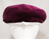 Ladies Plum Purple Velvet Hat - 60s Designer Adolfo II - Beret Tam Style Flat Cap with White Leather Trim - Mod Plush 1960s Paris New York